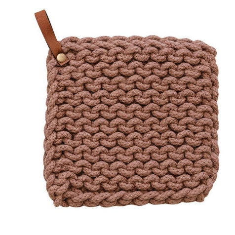Cotton Crocheted Pot Holder + Leather Loop, 8"