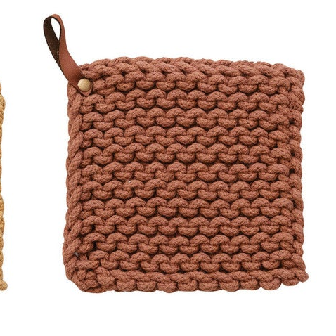 Cotton Crocheted Pot Holder + Leather Loop, 8"