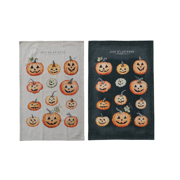 Two rectangular tea towels with a Halloween jack-o&