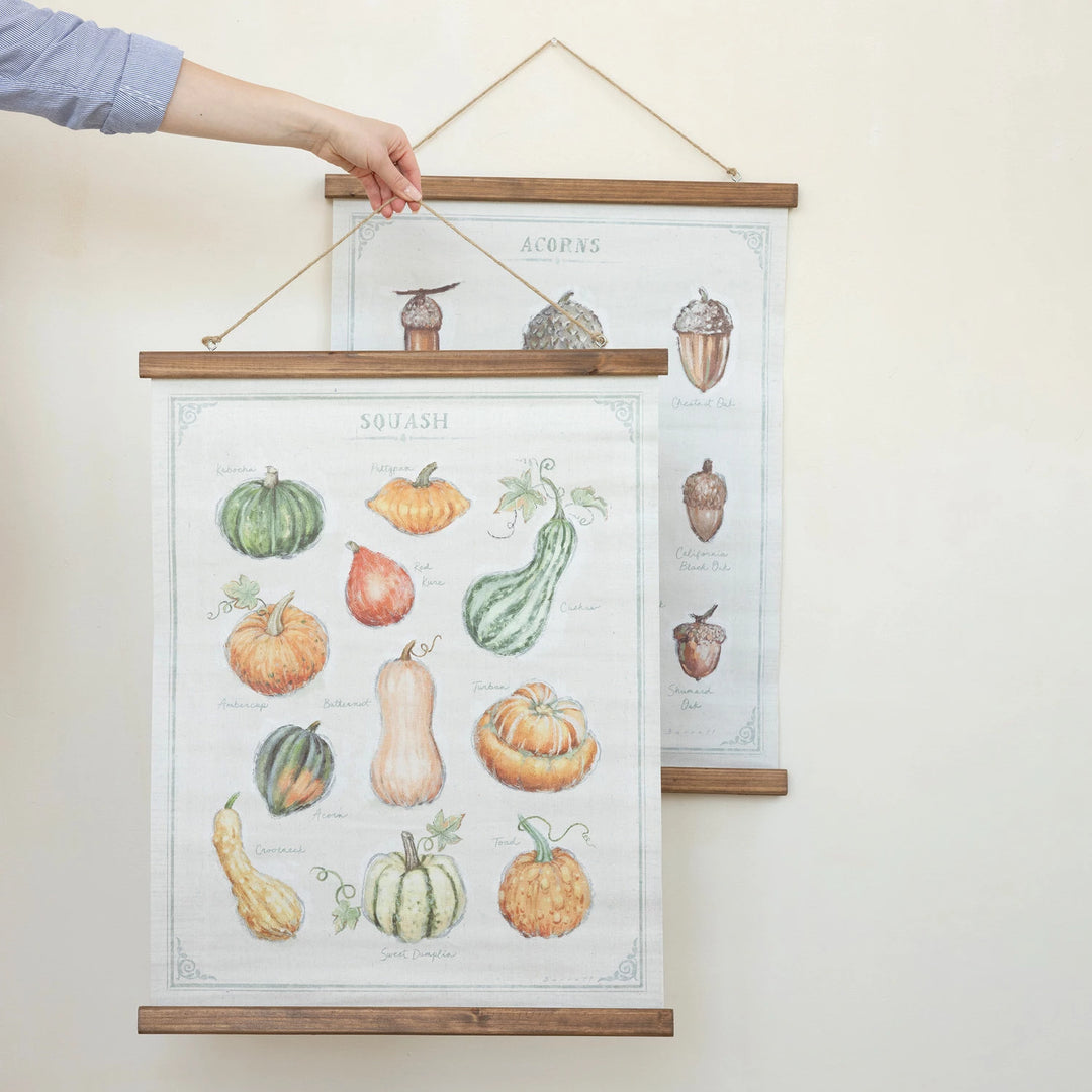 Person hanging a botanical print of squashes on a wall