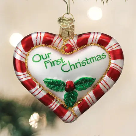 Our First Christmas Peppermint Heart Glass Ornament
