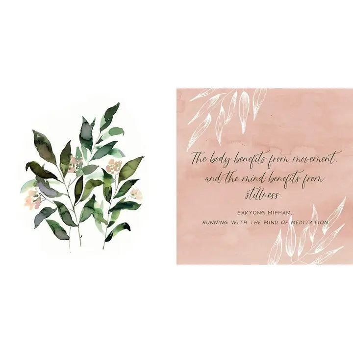 Two square art prints displayed side-by-side on a white background. The left print features a watercolor illustration of green leaves and small white flowers.