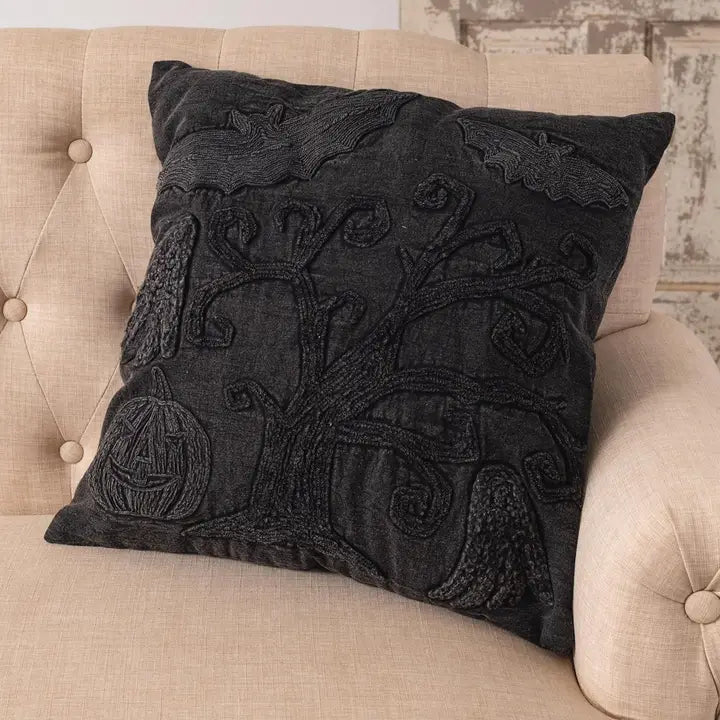 Black Stonewashed Embroidered Halloween Pillow