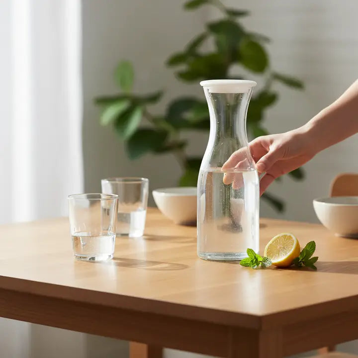 Clear glass water carafe with lid being placed on a wooden dining table beside drinking glasses, lemon, and mint.