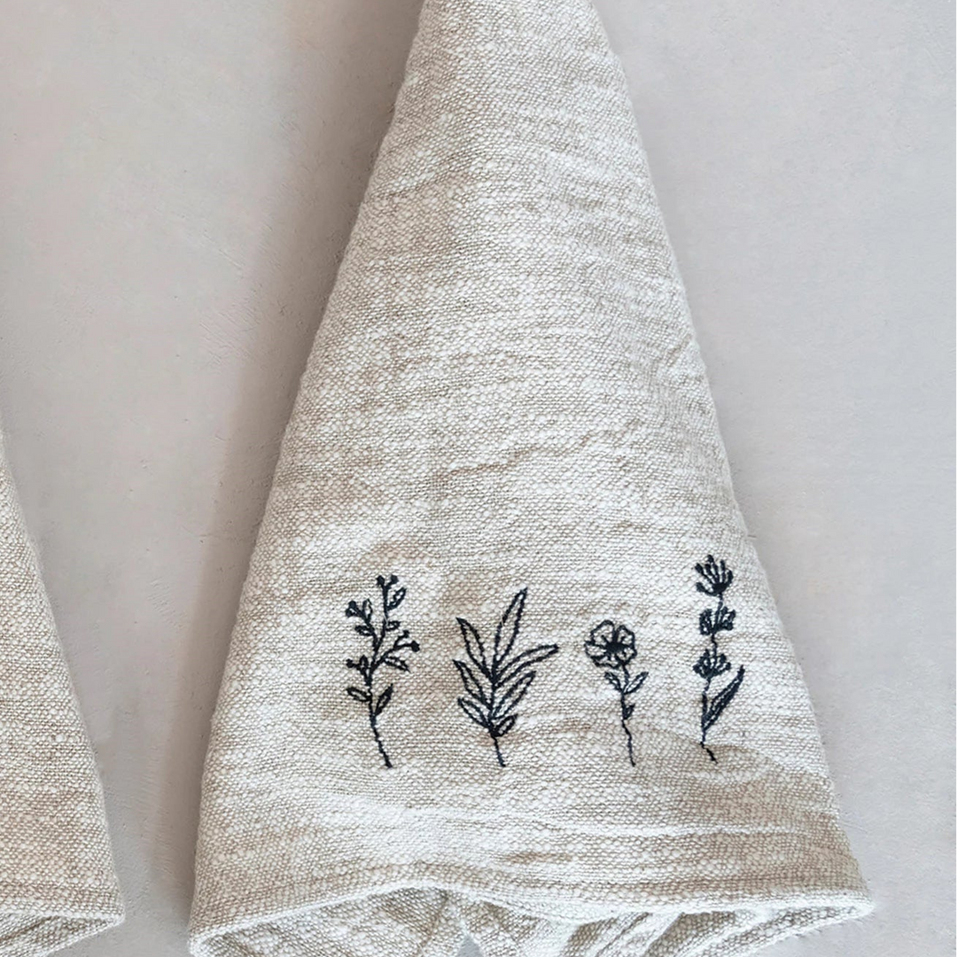 Linen + Cotton Slub Embroidered Tea Towel