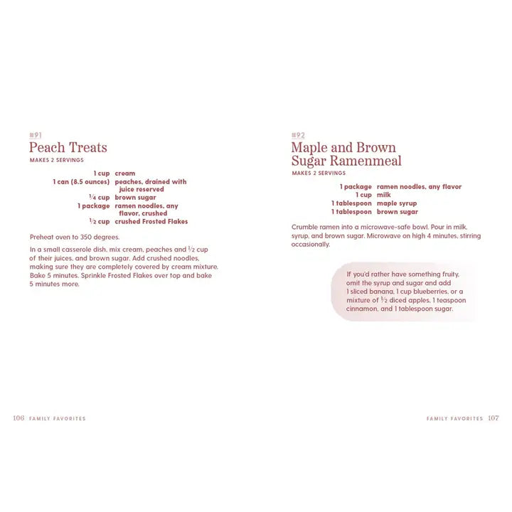 A two-page recipe spread from a cookbook, showing the recipes for &