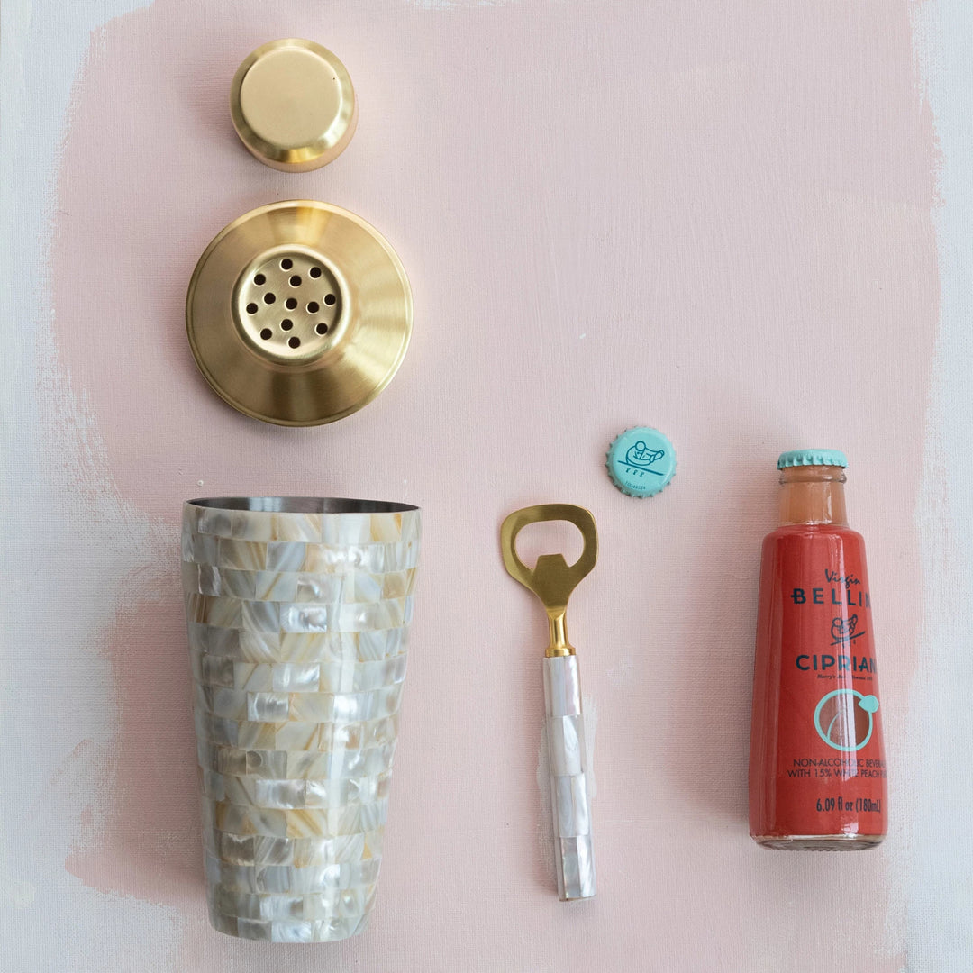 Brass + Pearl Bottle Opener Stainless Steel + Mango Wood, 6-1/4"