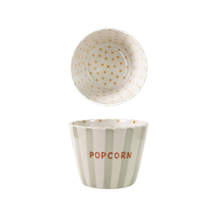 Hand-Painted Stoneware Popcorn Bowl with Scalloped Edge
