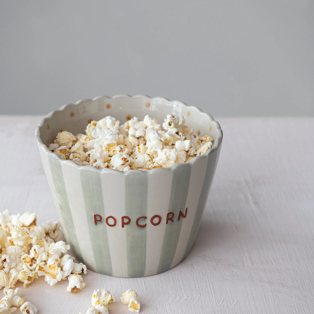 Hand-Painted Stoneware Popcorn Bowl with Scalloped Edge