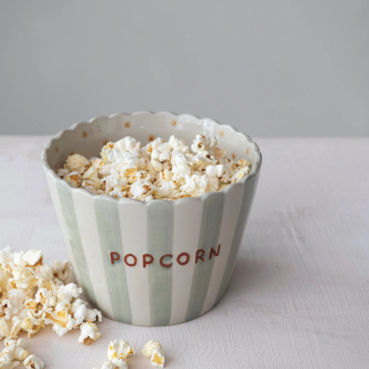 Hand-Painted Stoneware Popcorn Bowl with Scalloped Edge