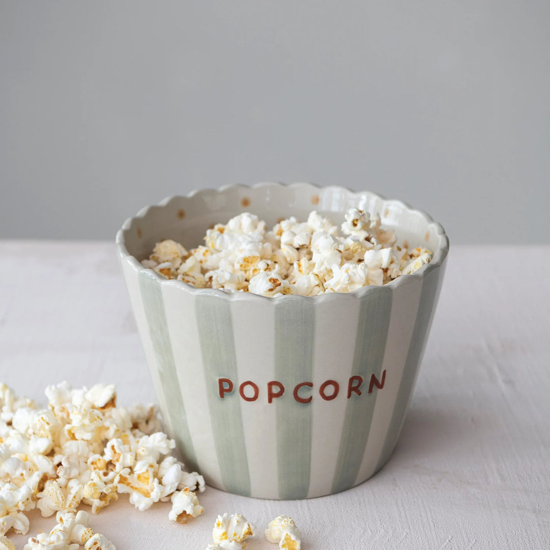 Hand-Painted Stoneware Popcorn Bowl with Scalloped Edge