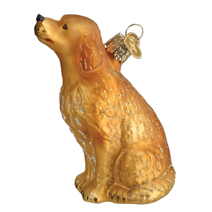 Sitting Golden Retriever Glass Christmas Ornament