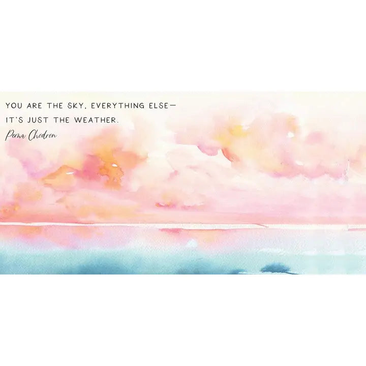 A watercolor-style art print featuring a pastel sky with pink, peach, and blue tones, plus a quote by Penn Clydeon in the upper left: &