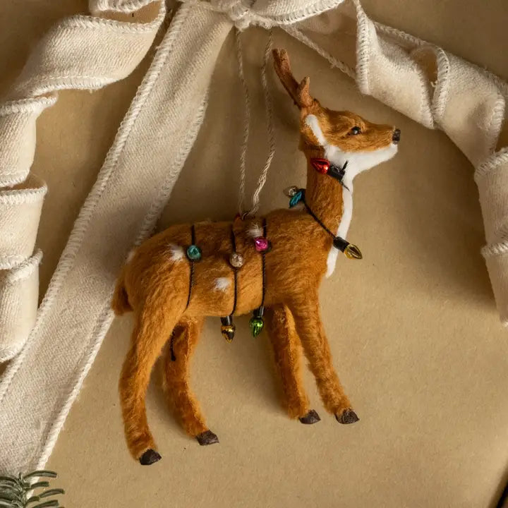 Flocked Deer with Christmas Lights Ornament
