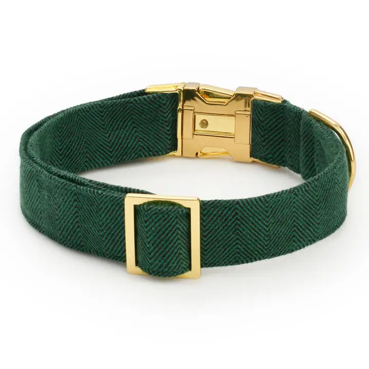 Evergreen Herringbone Dog Collar with Gold Hardware