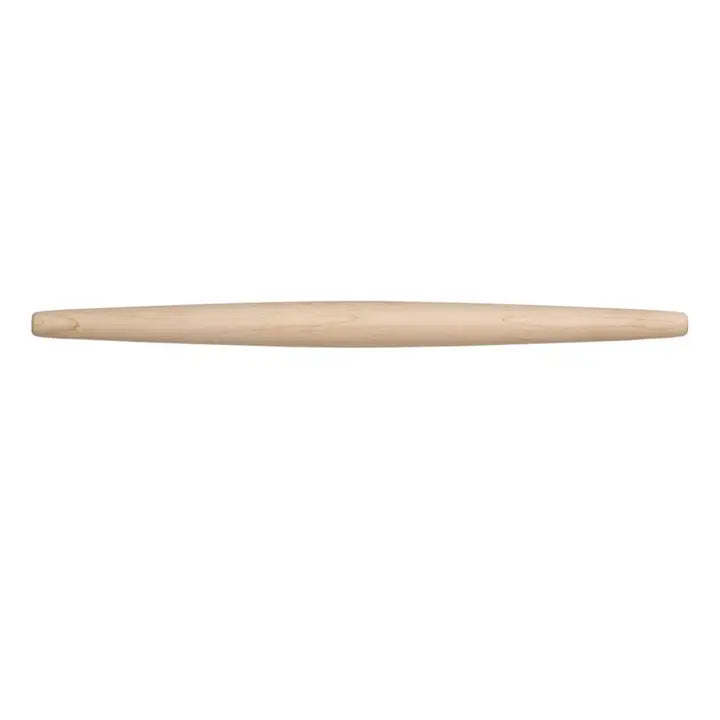 Tapered maple wood rolling pin with a smooth handleless design and natural light wood finish.
