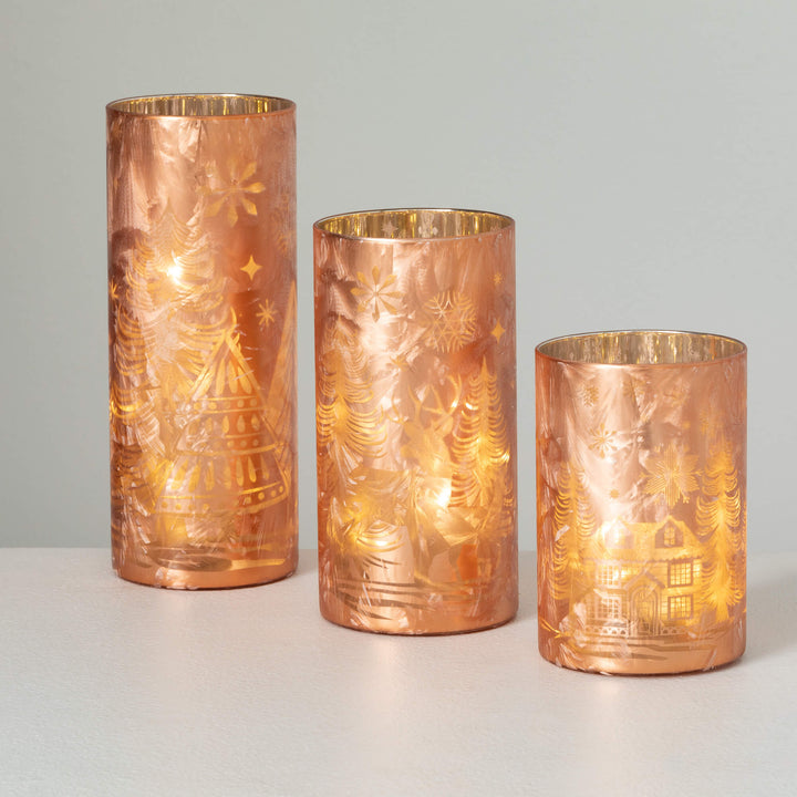 Frosted Gold Cylinder Lighted with Village Scene