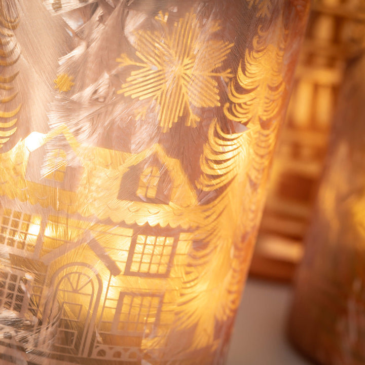 Frosted Gold Cylinder Lighted with Village Scene