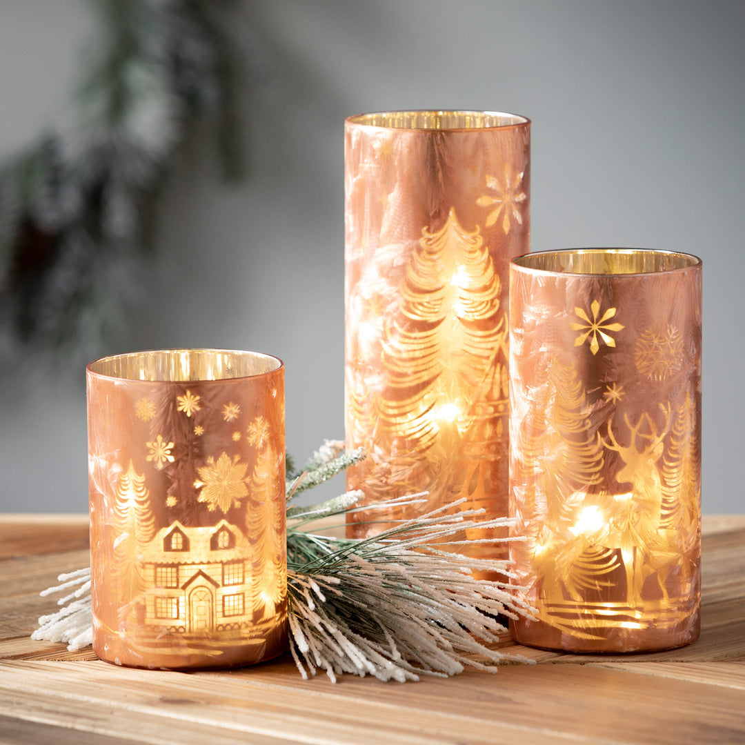 Frosted Gold Cylinder Lighted with Village Scene