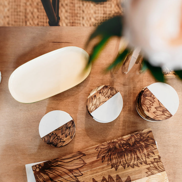 Circle Marble + Acacia Coasters Sunflower