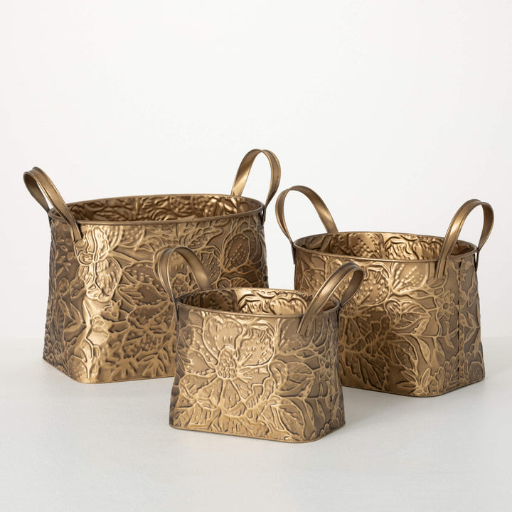 Botanical Embellished Brass Baskets