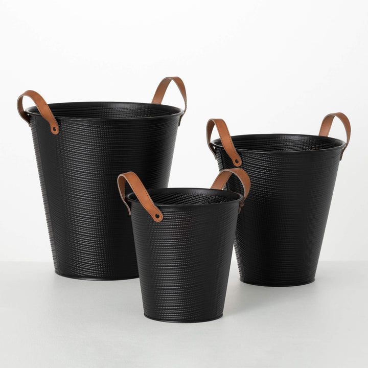 Embossed Flower Bucket with Leather Handles, Black