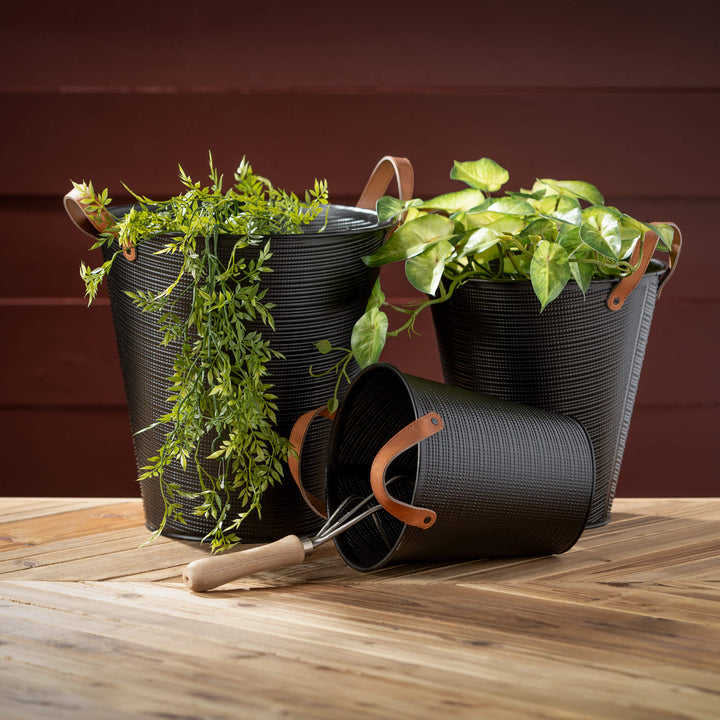 Embossed Flower Bucket with Leather Handles, Black