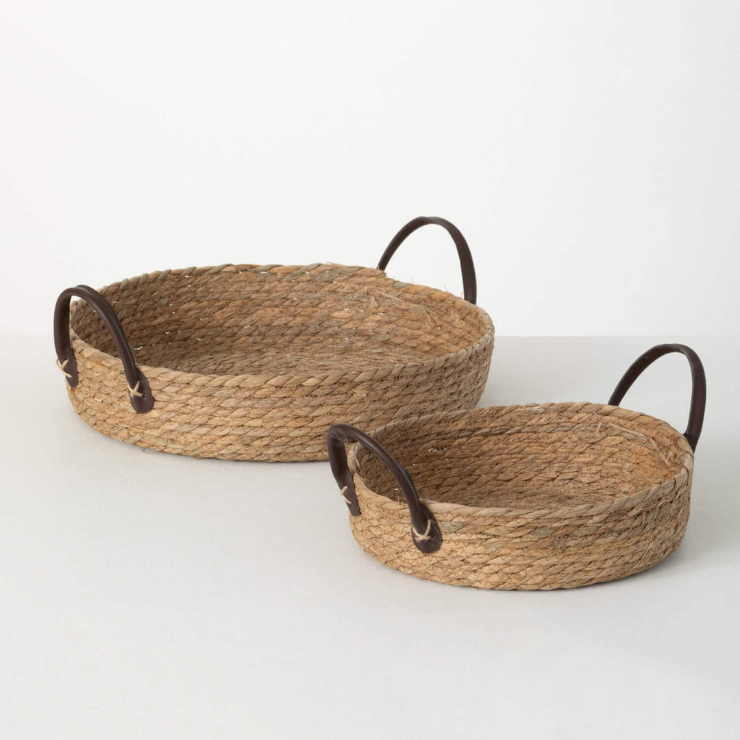 Woven Wicker Tray with Leather Like Handle