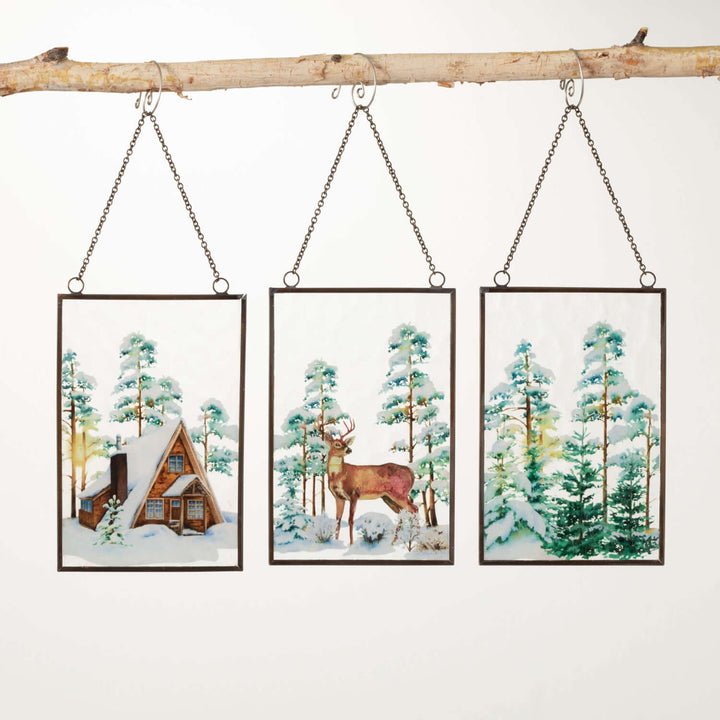 Painted Glass Woodland Scene Ornaments