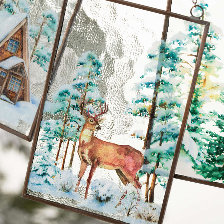 Painted Glass Woodland Scene Ornaments