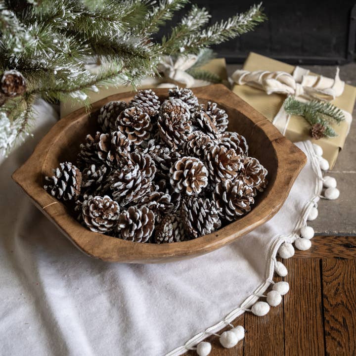 Brown snowy pinecones with white-dusted scales displayed in a wooden bowl