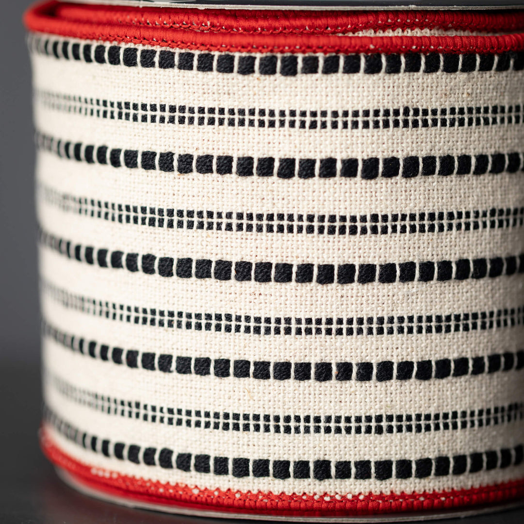 15' Black White Red Stiped Christmas Ribbon 4" x 15'