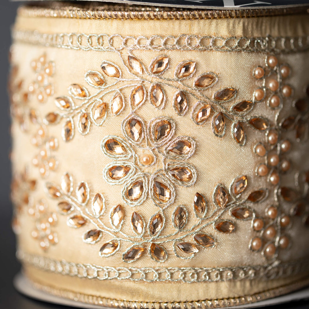 15' Gold Beaded Brocade Christmas Ribbon 4" x 15'