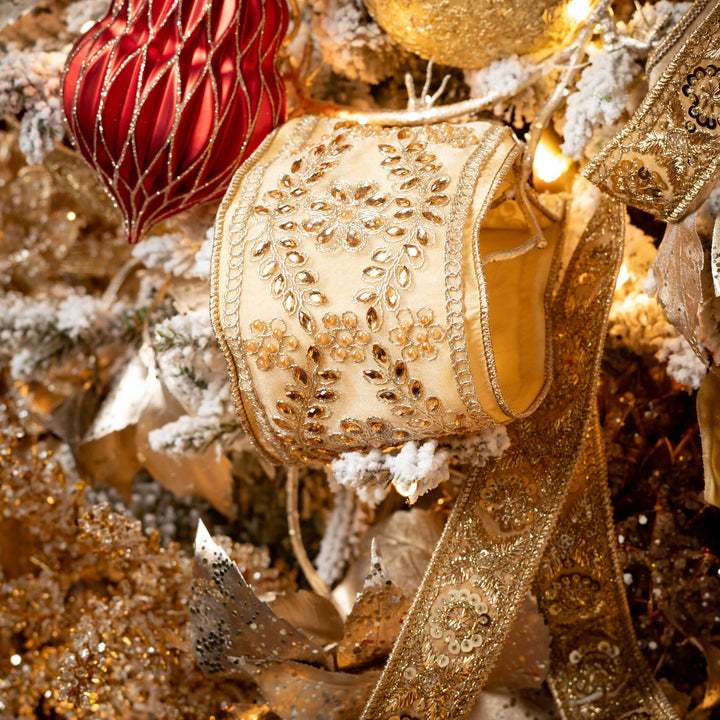 15' Gold Beaded Brocade Christmas Ribbon 4" x 15'