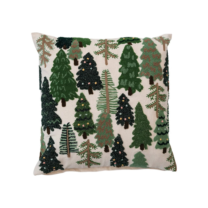 Cotton Slub Embroidered Pillow w/ Trees, 20"