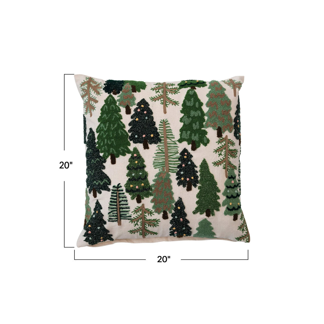 Cotton Slub Embroidered Pillow w/ Trees, 20"