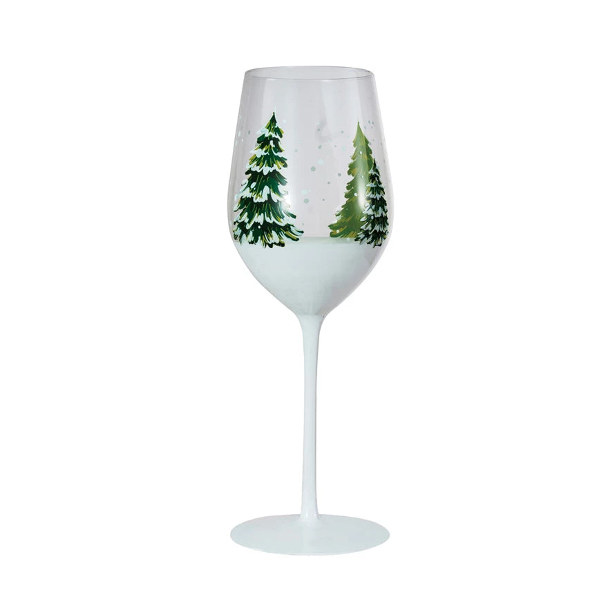 Winter Trees Hand-Painted Stemmed Wine Glass, 12oz