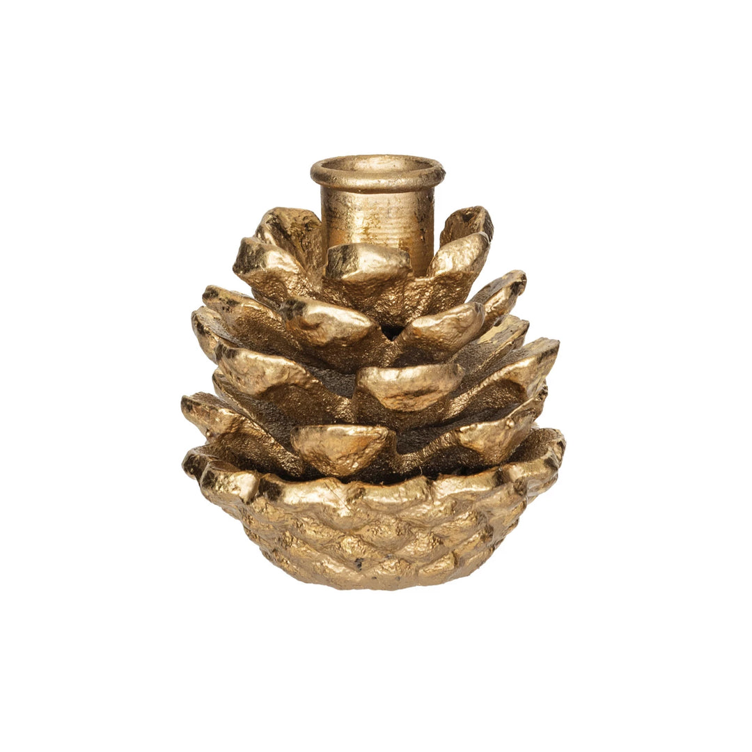 Antique Gold Cast Iron Pinecone Taper Candle Holder