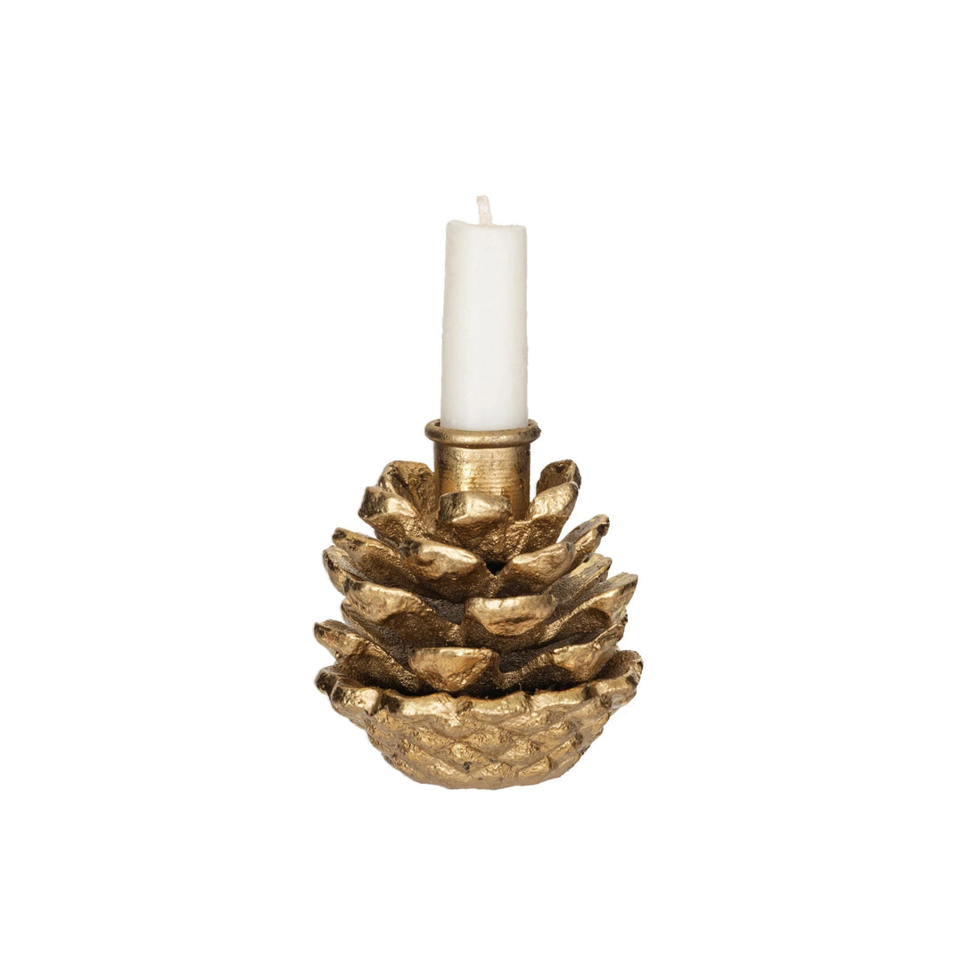 Antique Gold Cast Iron Pinecone Taper Candle Holder