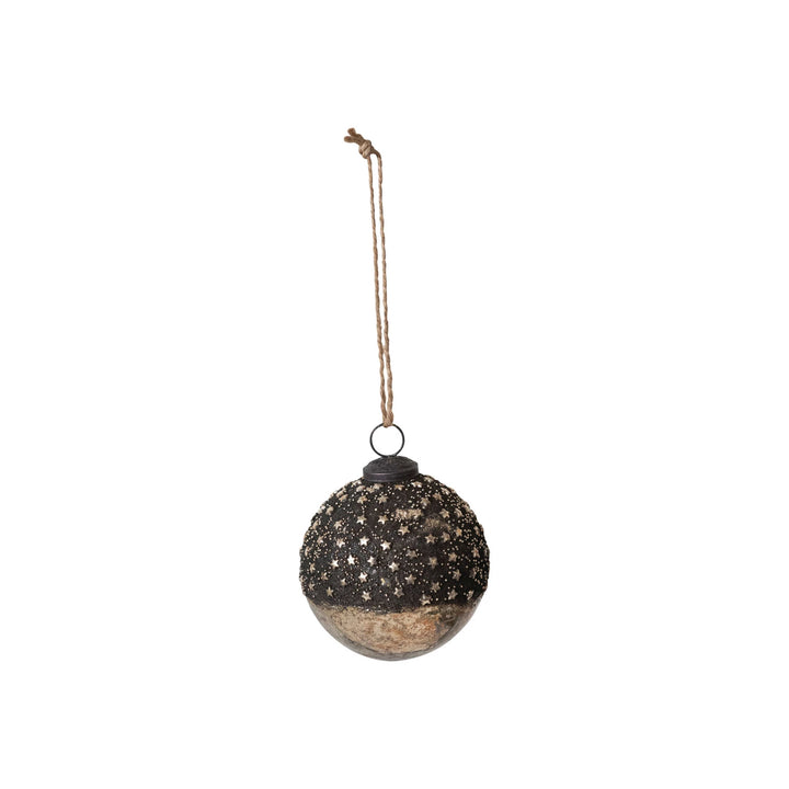 Dipped Bronze + Silver Mercury Glass Ball Ornament with Stars