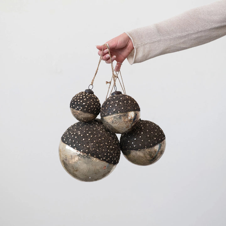 Dipped Bronze + Silver Mercury Glass Ball Ornament with Stars