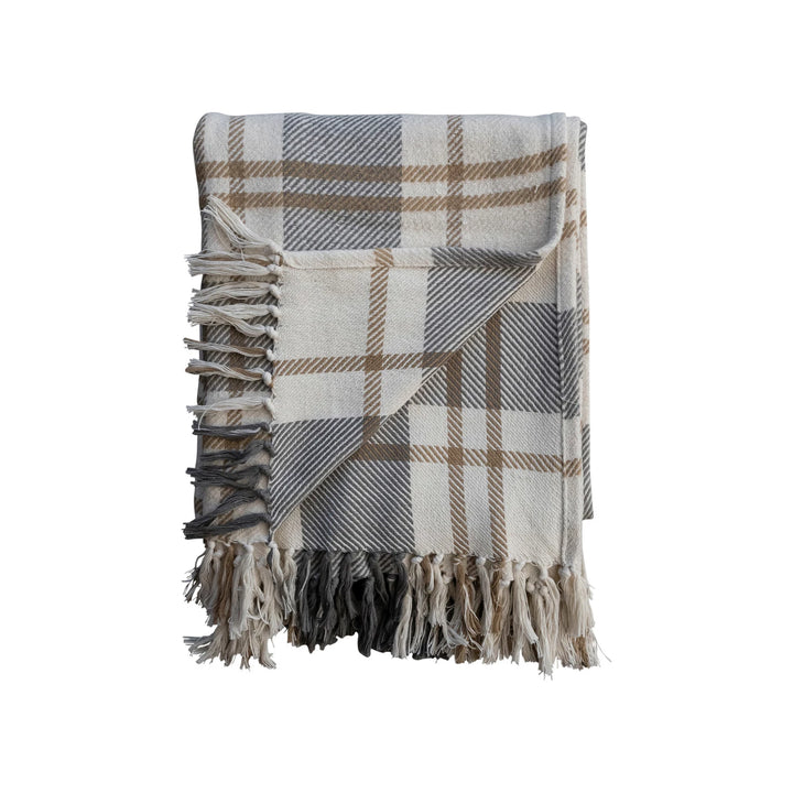 Gray + Tan Plaid Flannel Throw Blanket, 60" x 50"