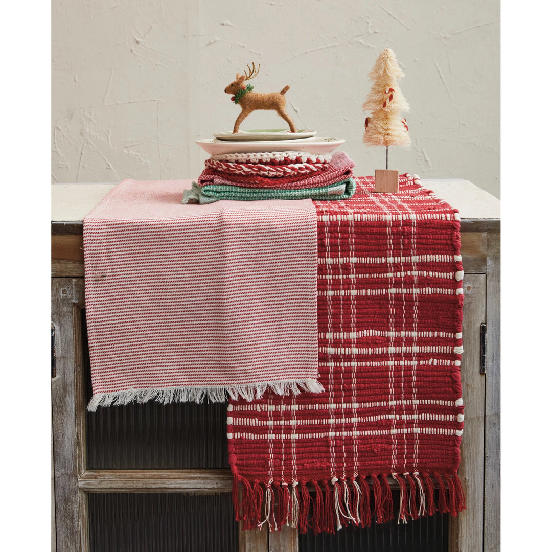 Red + White Pinstripe Cotton Table Runner with Fringe, 108" x 14"