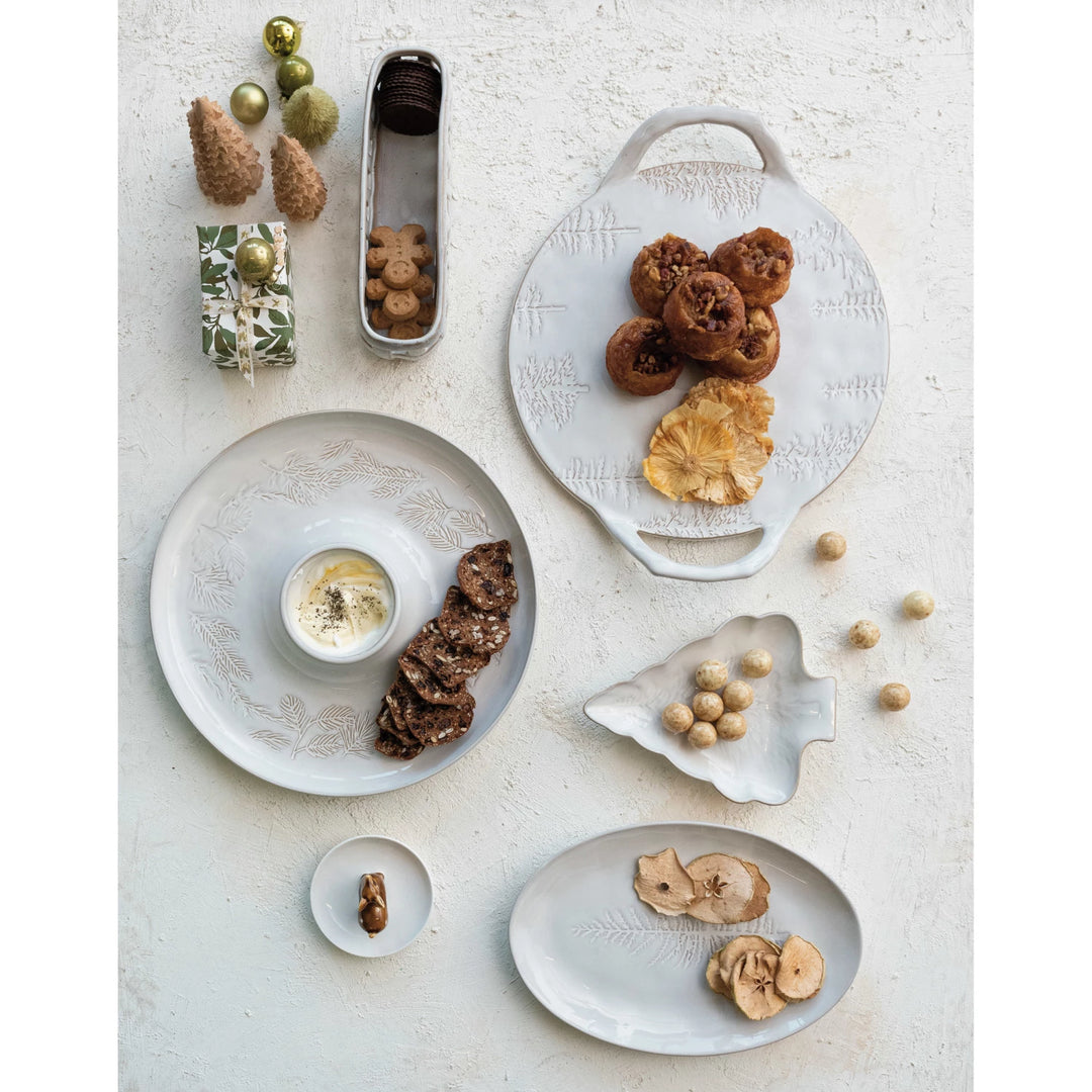 Debossed Stoneware Tray with Tree Design and Handles