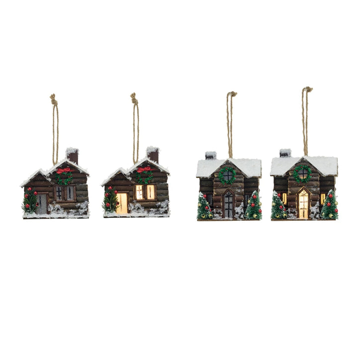 Wood Cabin Ornaments with LED Lights