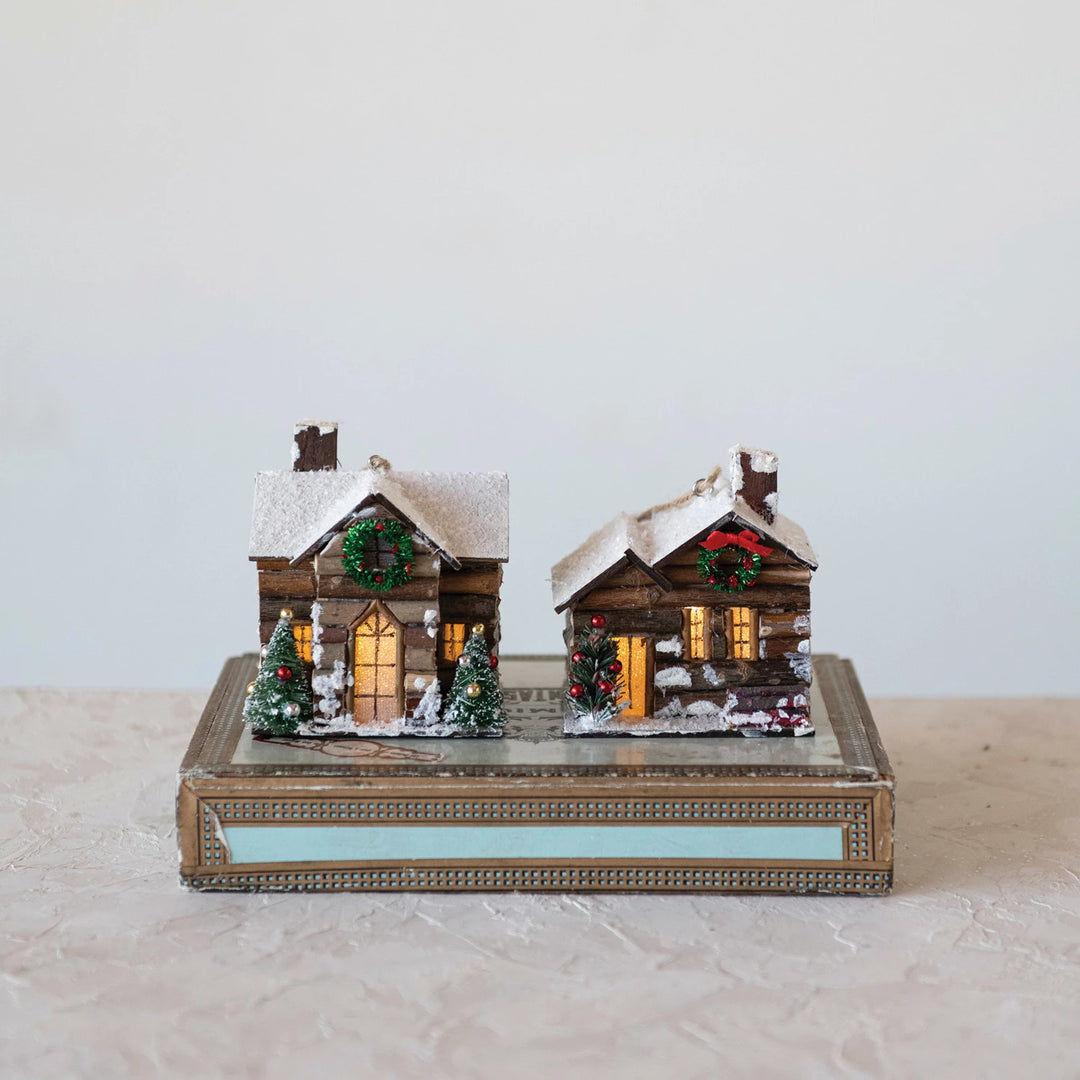 Wood Cabin Ornaments with LED Lights