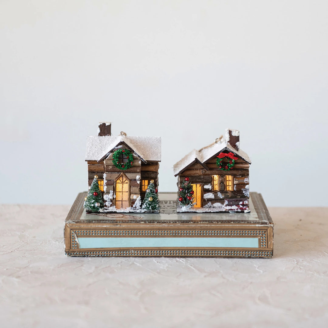 Wood Cabin Ornaments with LED Lights