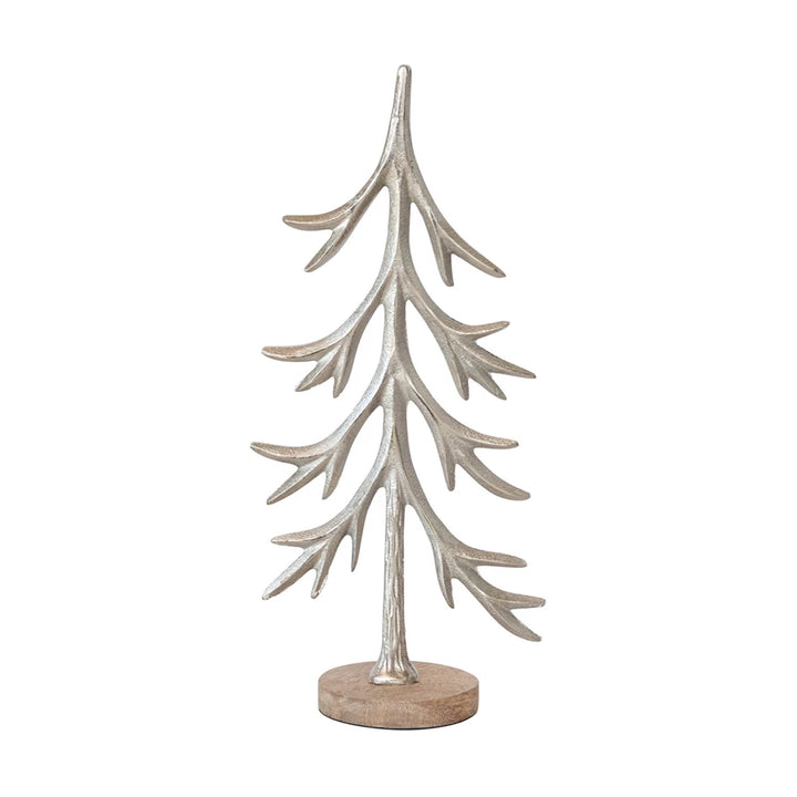 Cast Aluminum Tree with Mango Wood Base, Silver