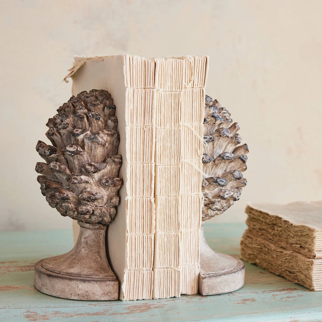 Pinecone Shaped Resin Finial Bookends 2pc , Brown + Gray
